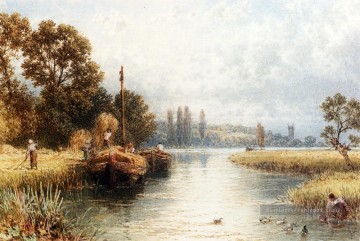  paysage - Chargement des barges de foin avec une jeune femme prenant l’eau Myles Birket Foster